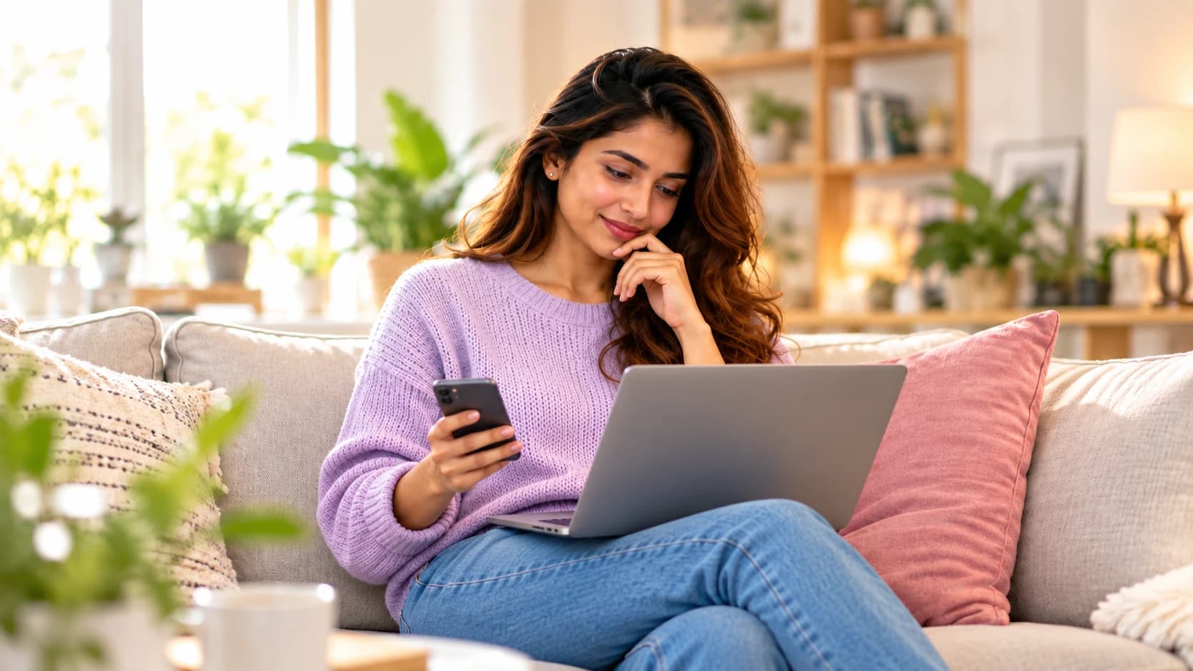 Riya thoughtfully compares watch options on her laptop and phone.