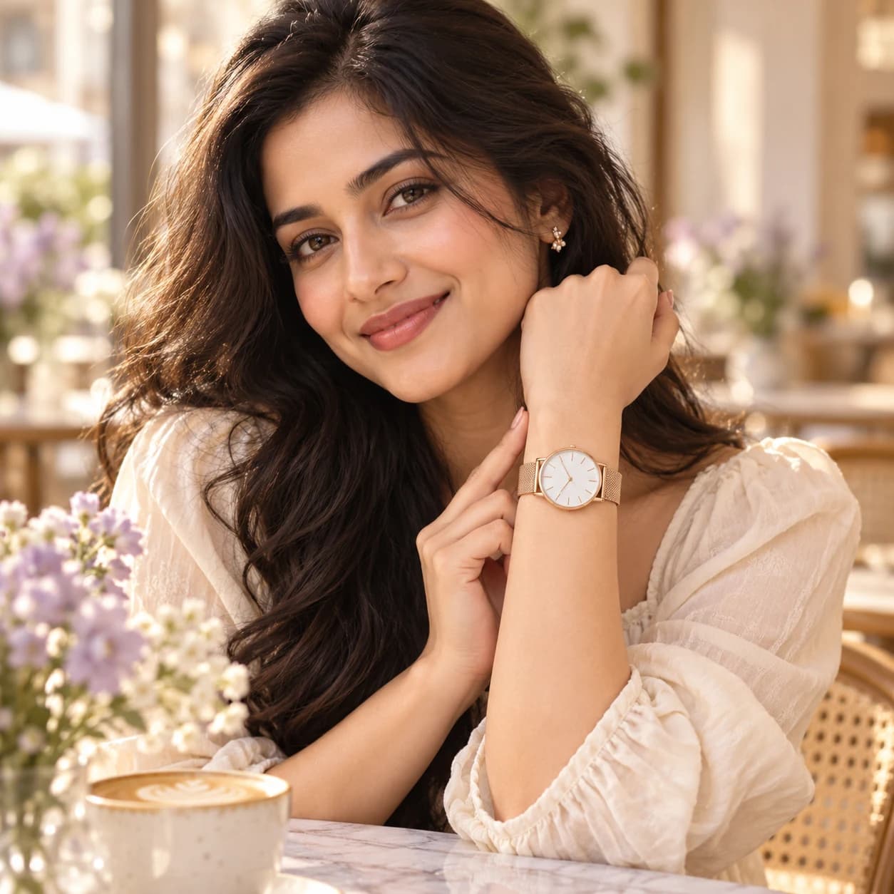 A creator wearing the story’s rose-gold watch