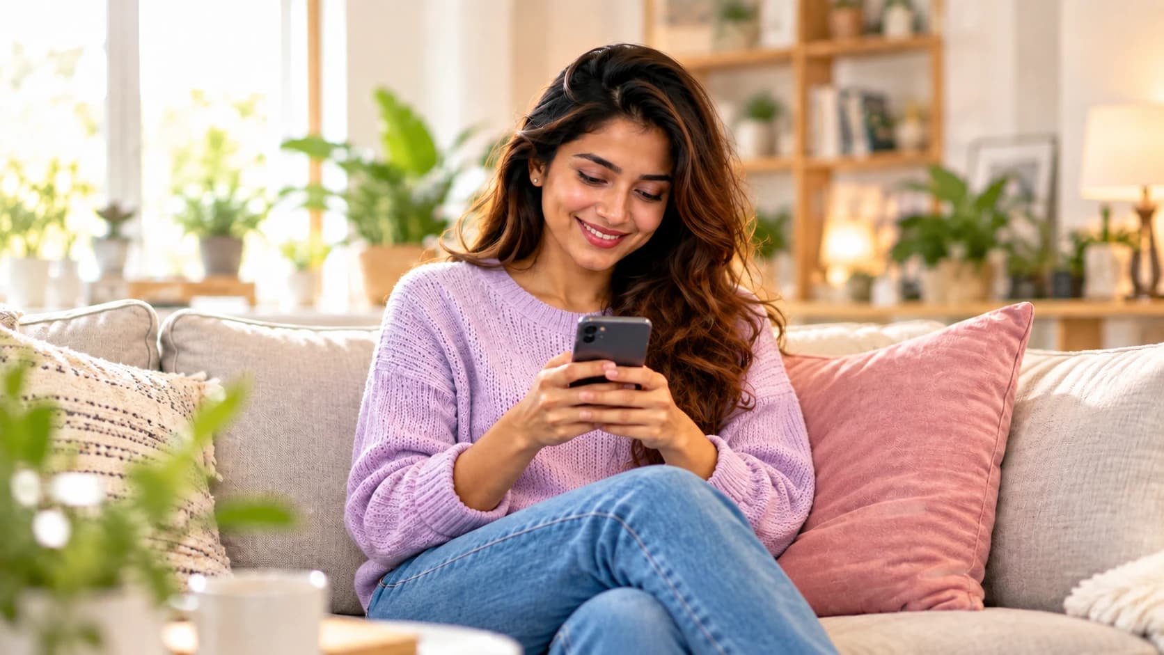 Riya smiles while casually browsing on her phone in a bright lounge.