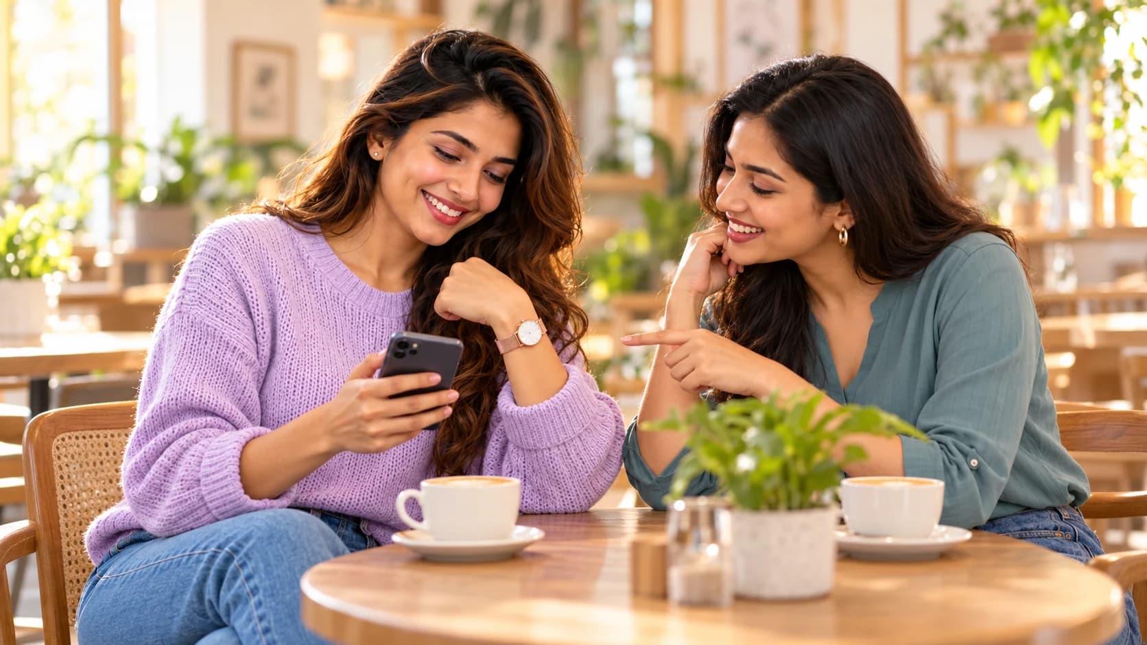 Riya shares her watch recommendation with a friend at a cafe.