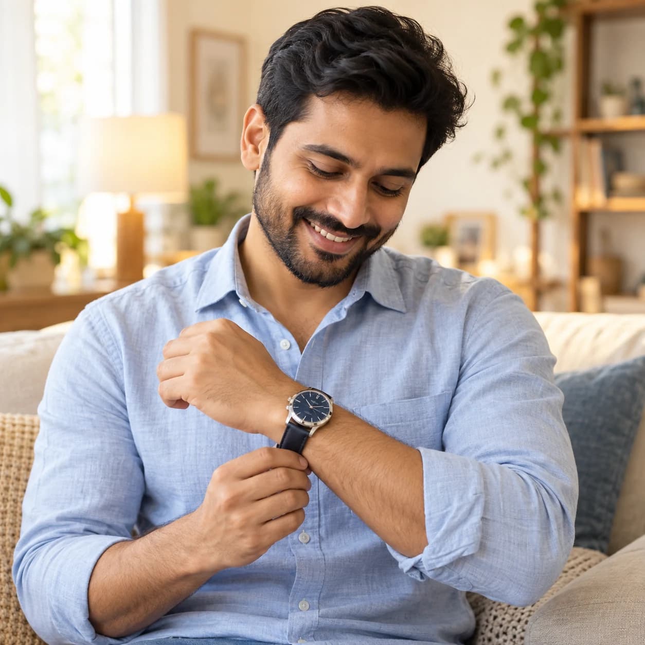 In Riya’s imagination, her husband smiles while wearing the watch she wants to gift him.
