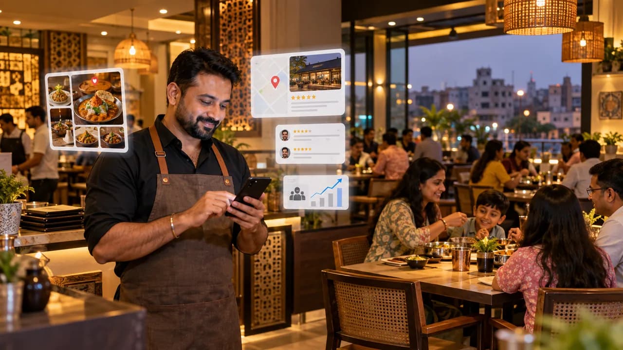 Illustration of a restaurant owner using digital marketing tools in a Gandhidham-inspired Indian family restaurant.