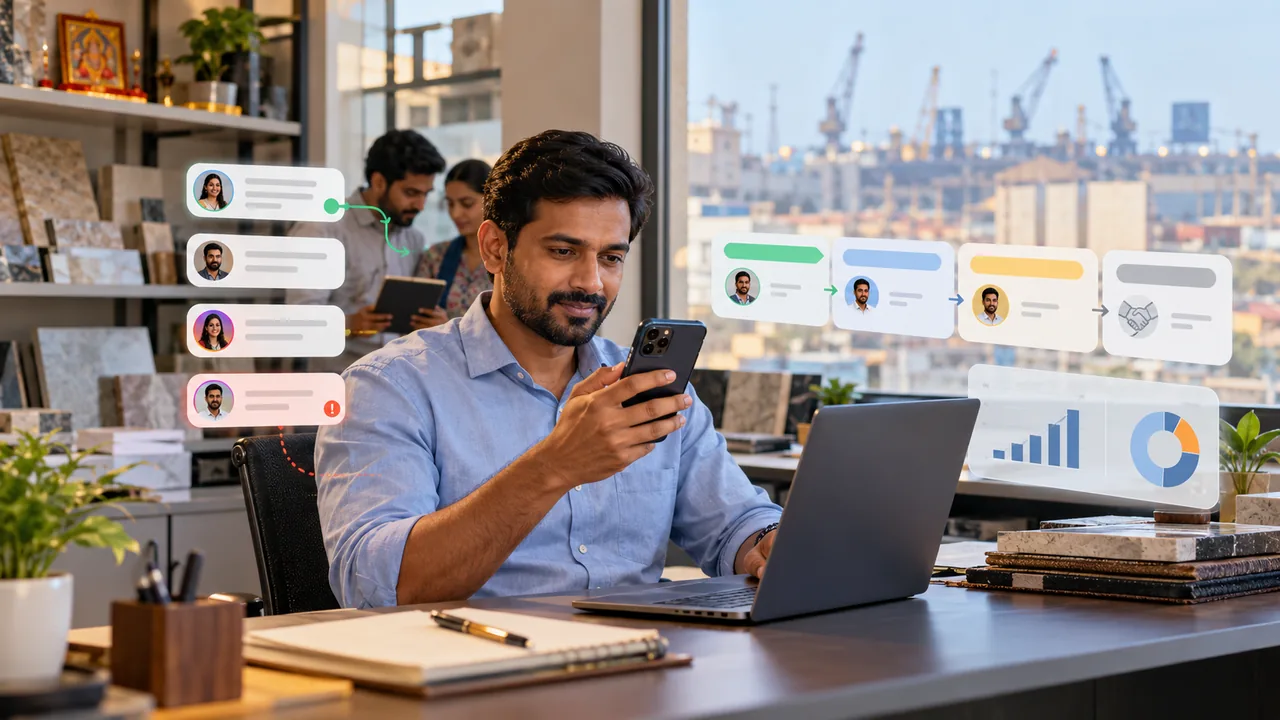 Gandhidham business team managing customer enquiries, follow-ups, CRM and sales data.