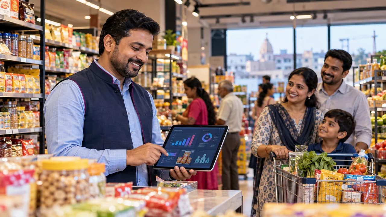 Local supermarket owner in Gandhidham using customer loyalty, inventory and business insights to improve repeat purchases.