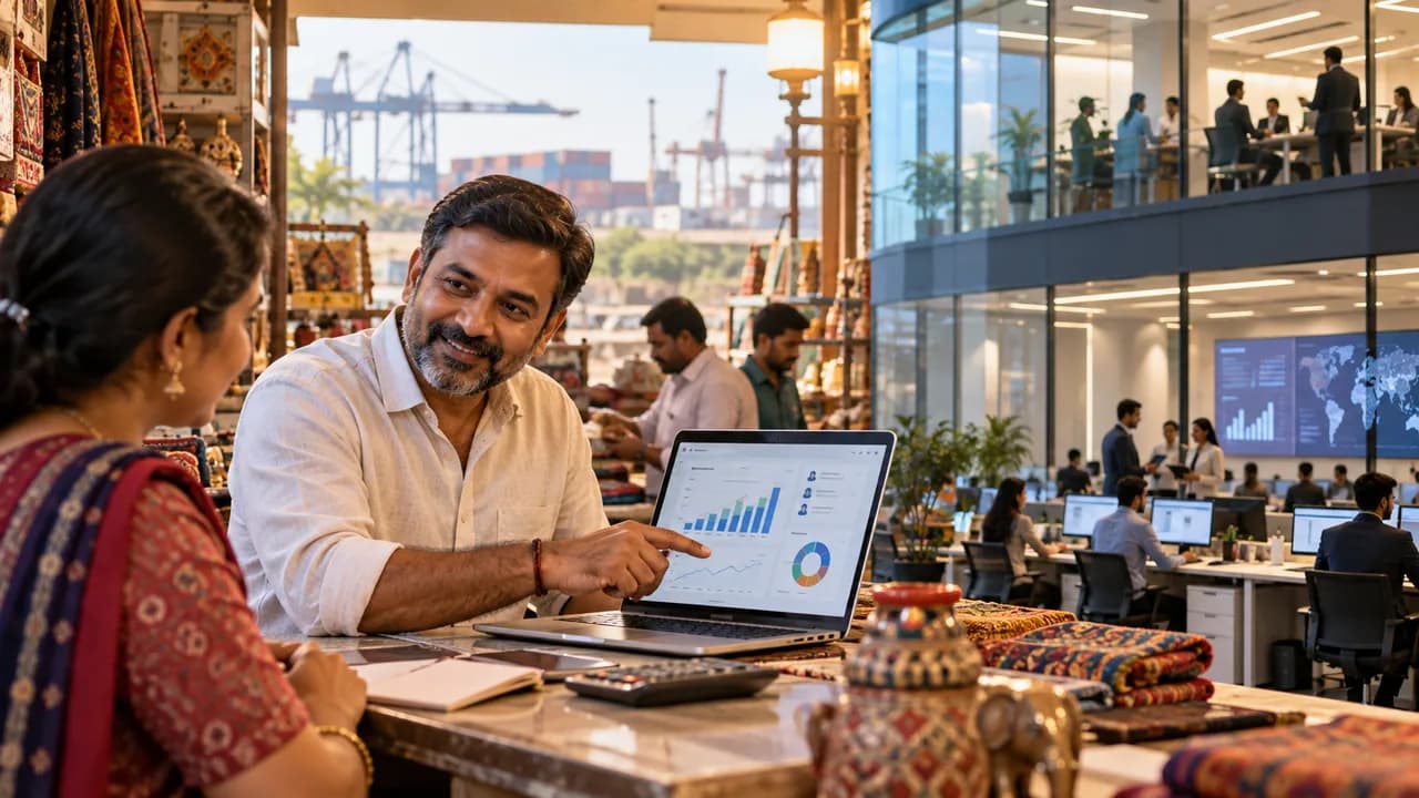 Illustration of a Gandhidham-inspired small-business owner using customer, sales and marketing insights beside a larger corporate setting.